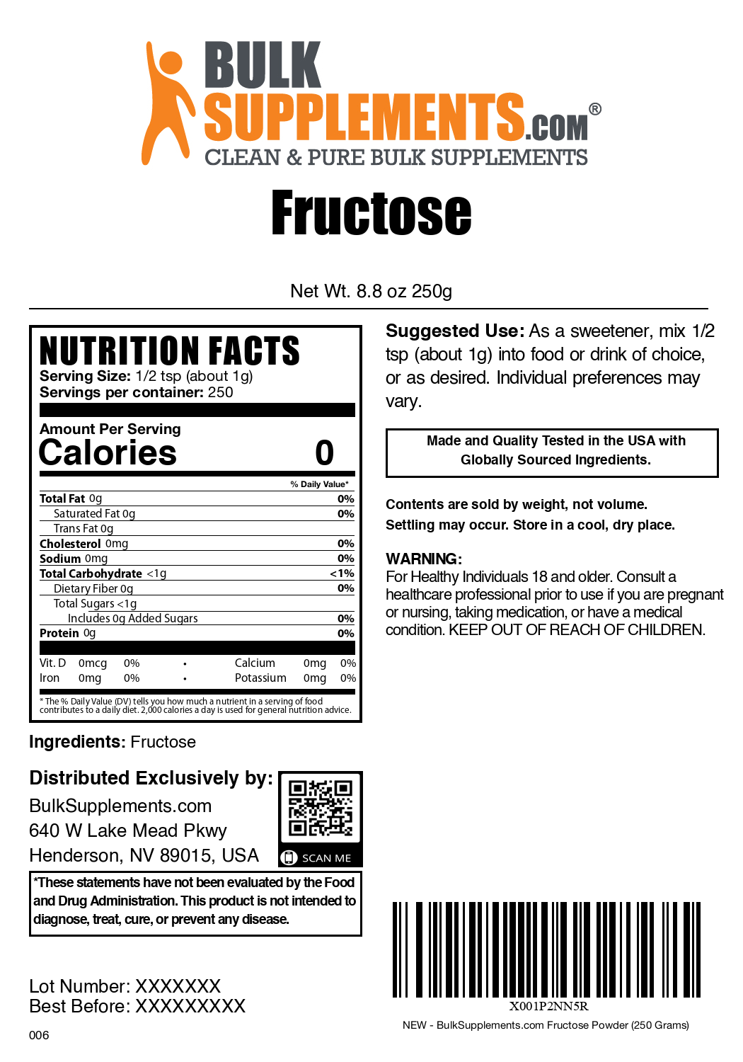 Fructose powder label 250g