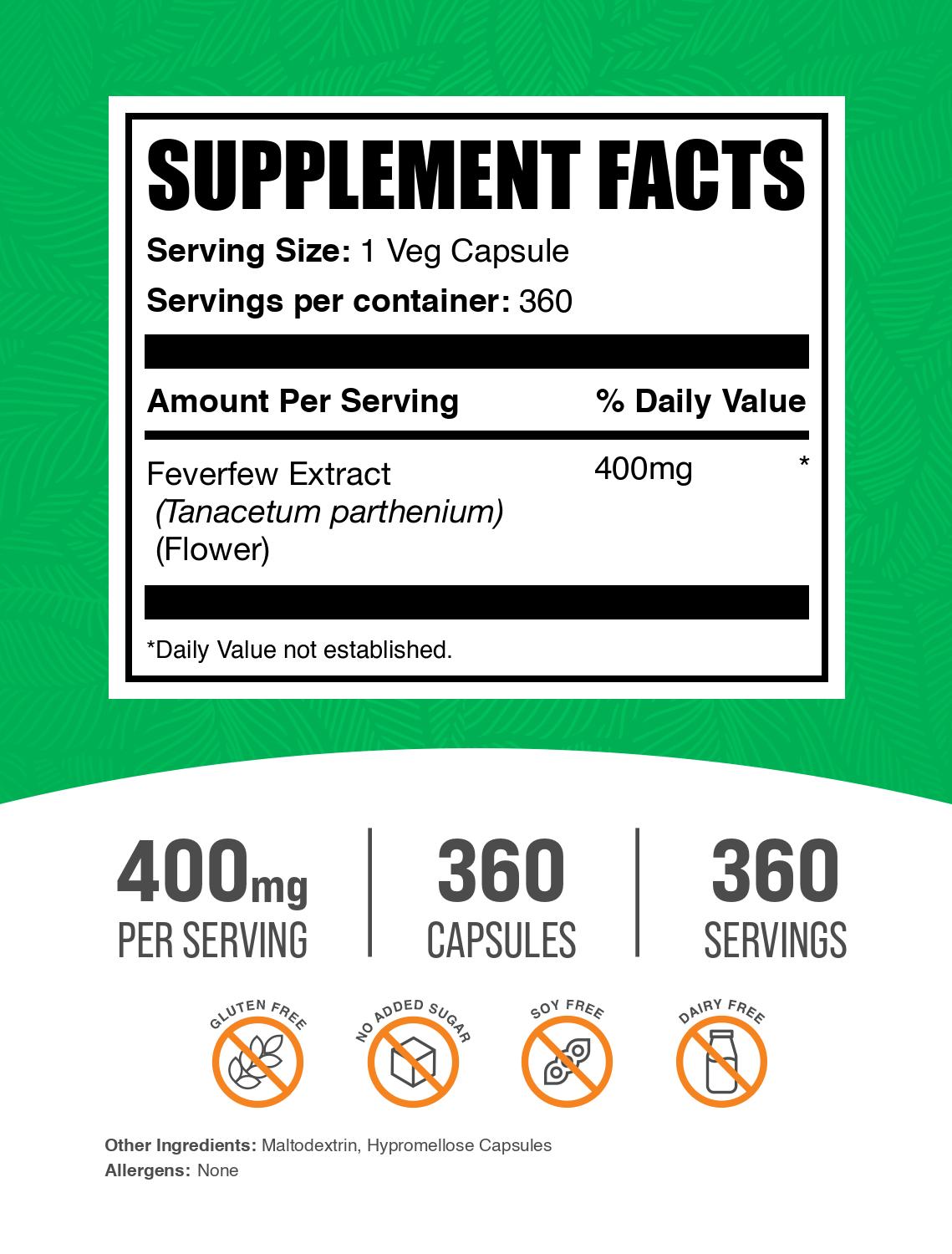 Feverfew extract 360 capsules label