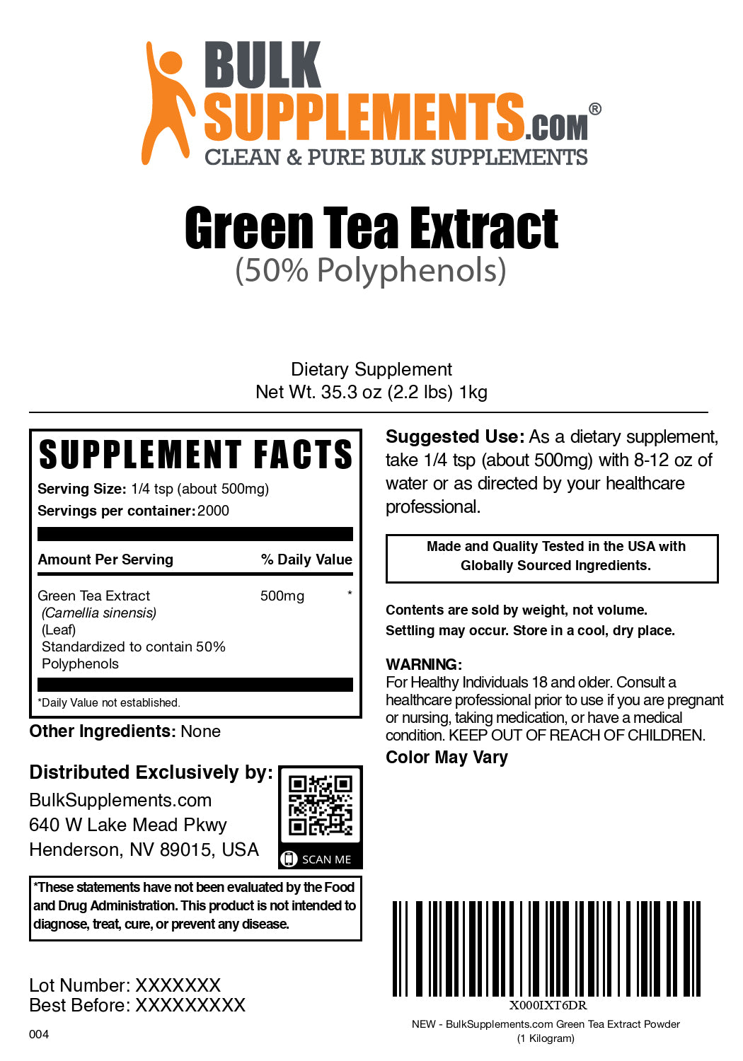 Green Tea Extract (50% Polyphenols) powder label 1kg