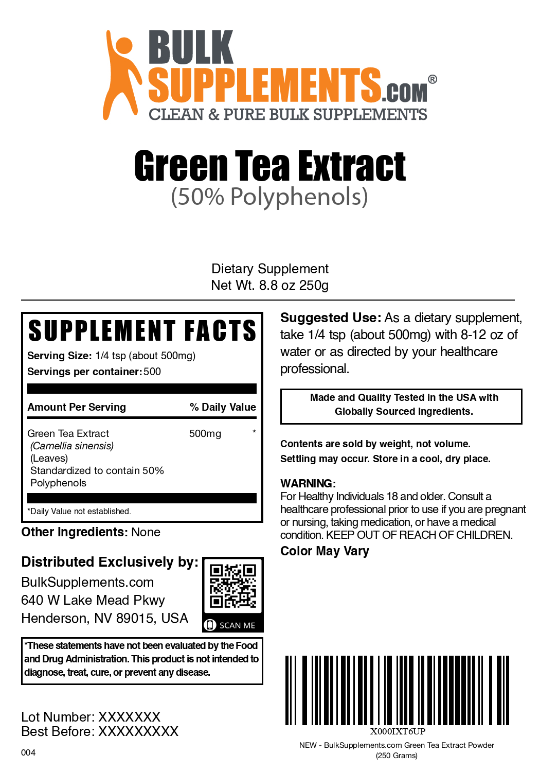 Green Tea Extract (50 Polyphenols) Powder 250g Plain Label