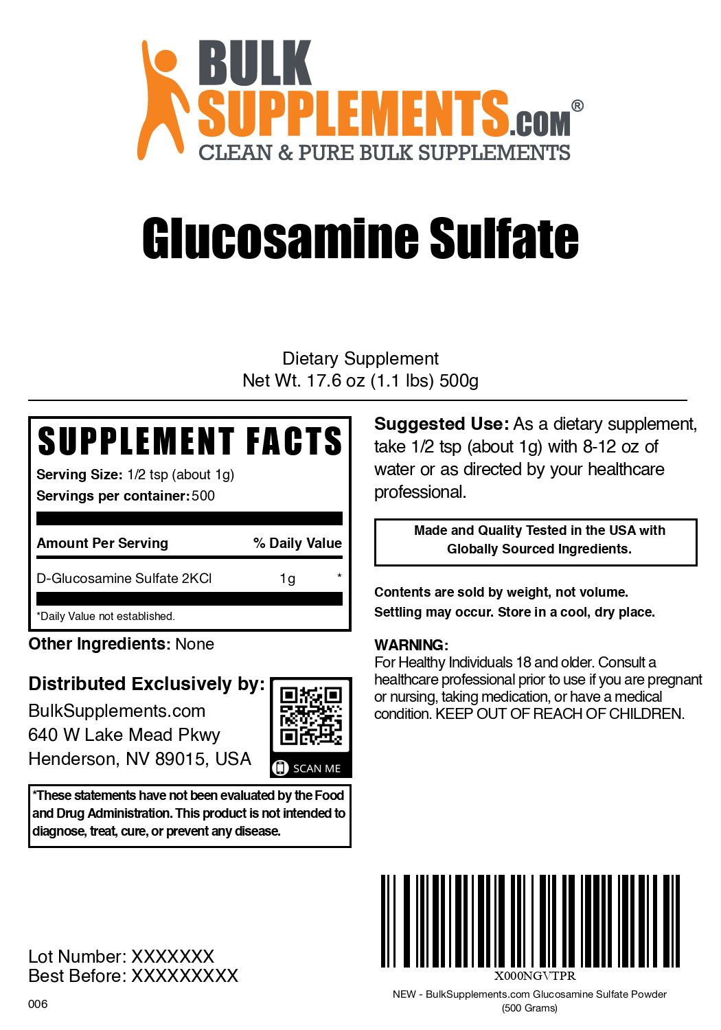 Glucosamine Sulfate Powder 500g Plain Label