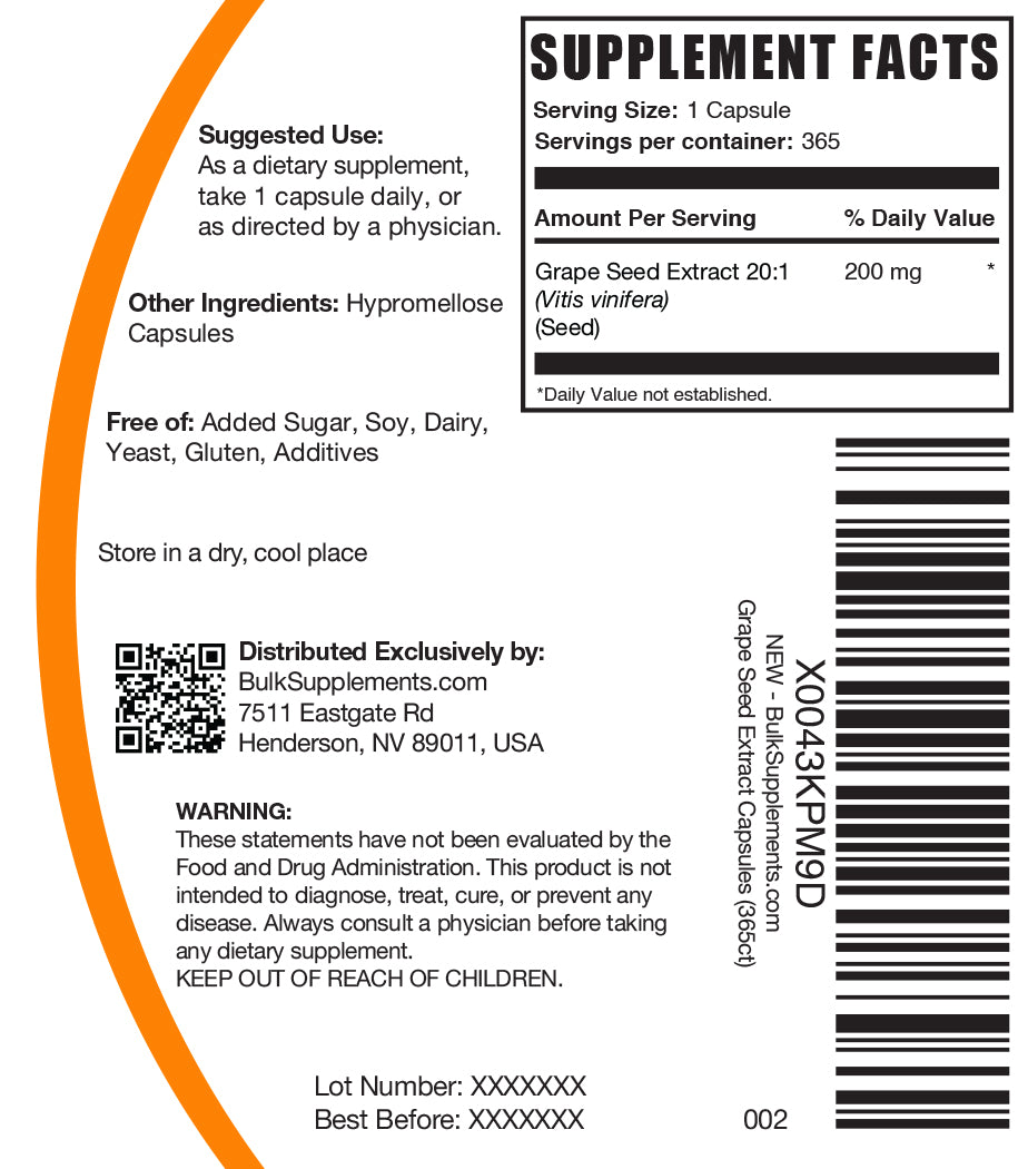 Grape seed extract 200mg 365 capsules label