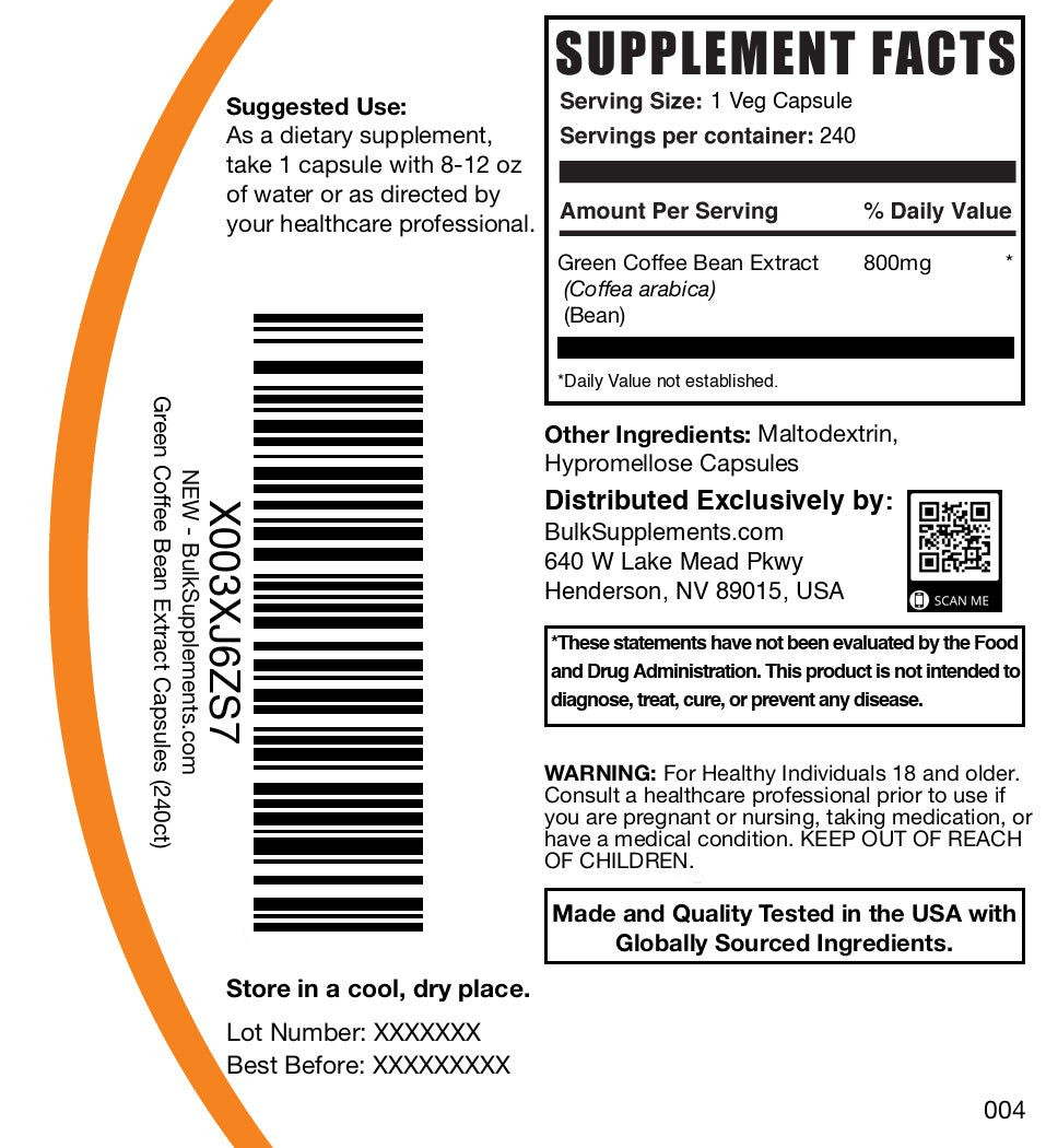 Green coffee bean extract 240 capsules label