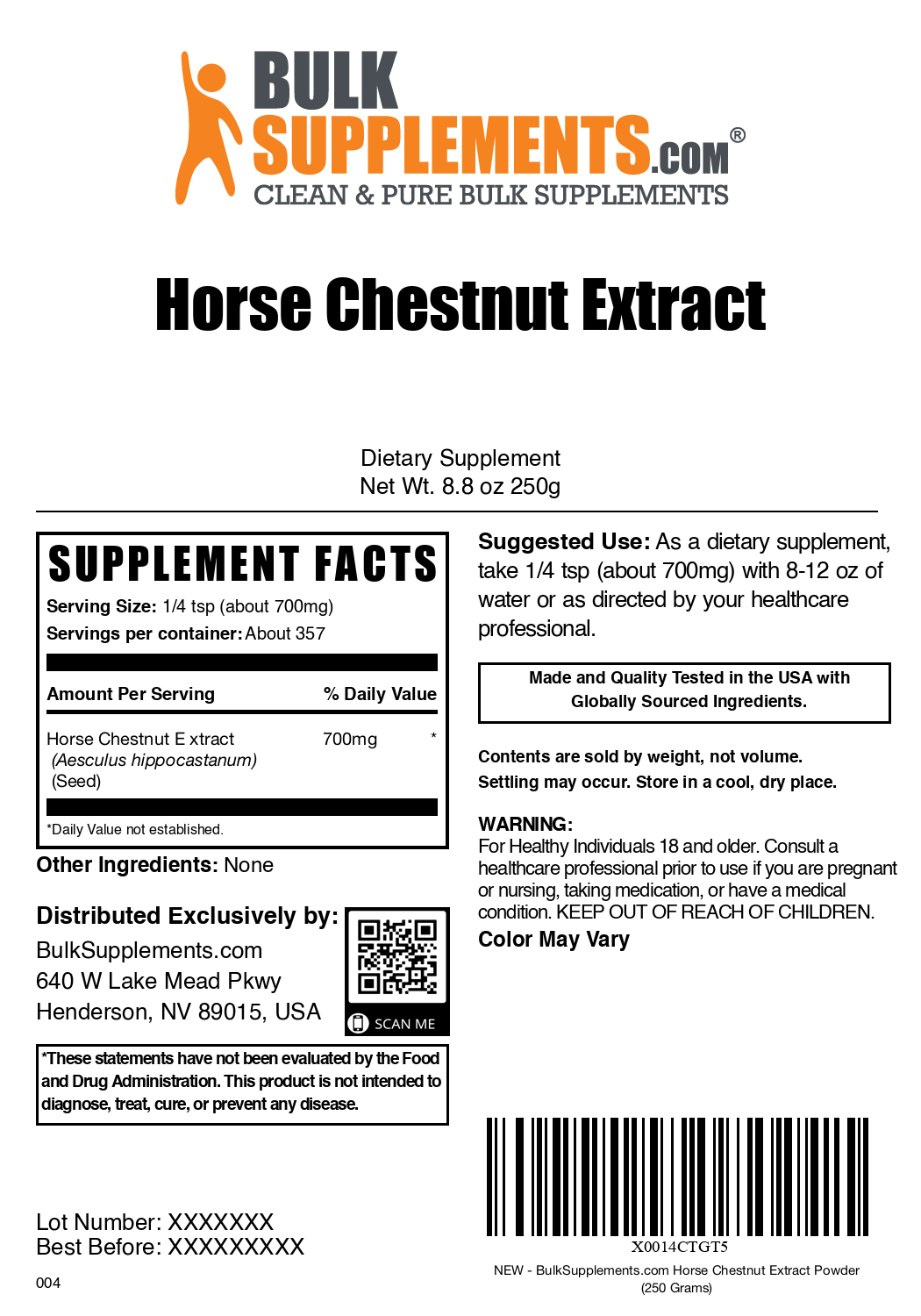 Horse chestnut extract powder label 250g