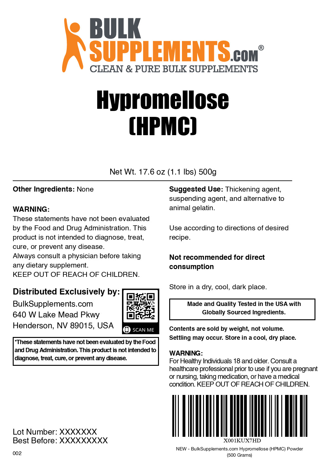 Hypromellose Powder 500g Label