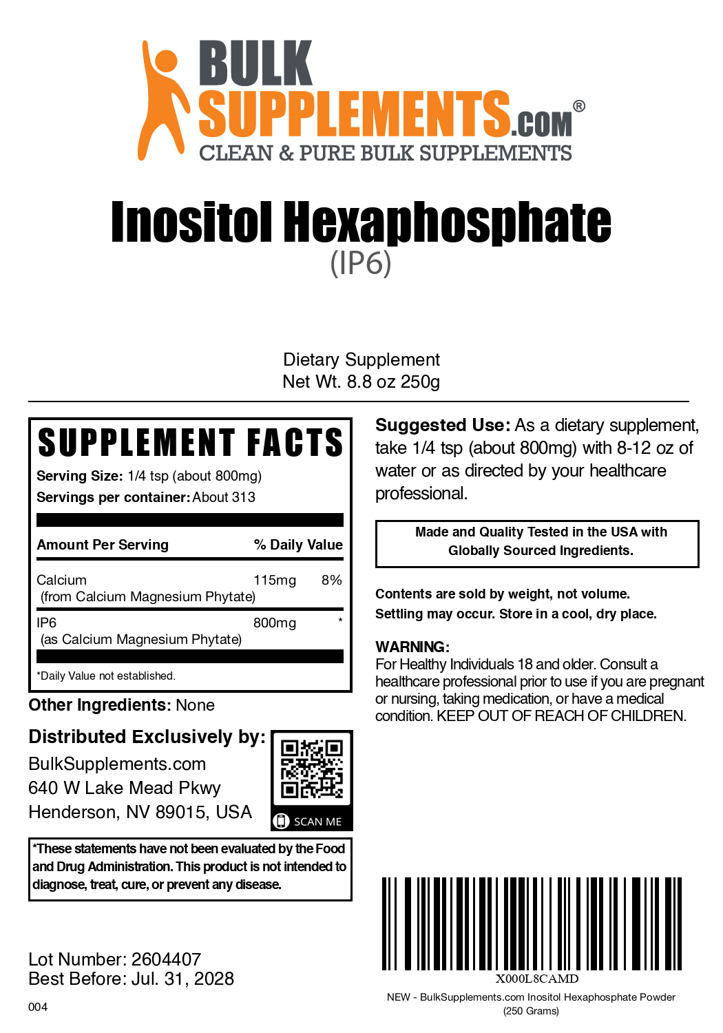 Inositol Hexaphosphate (IP6) Powder 250g Plain Label