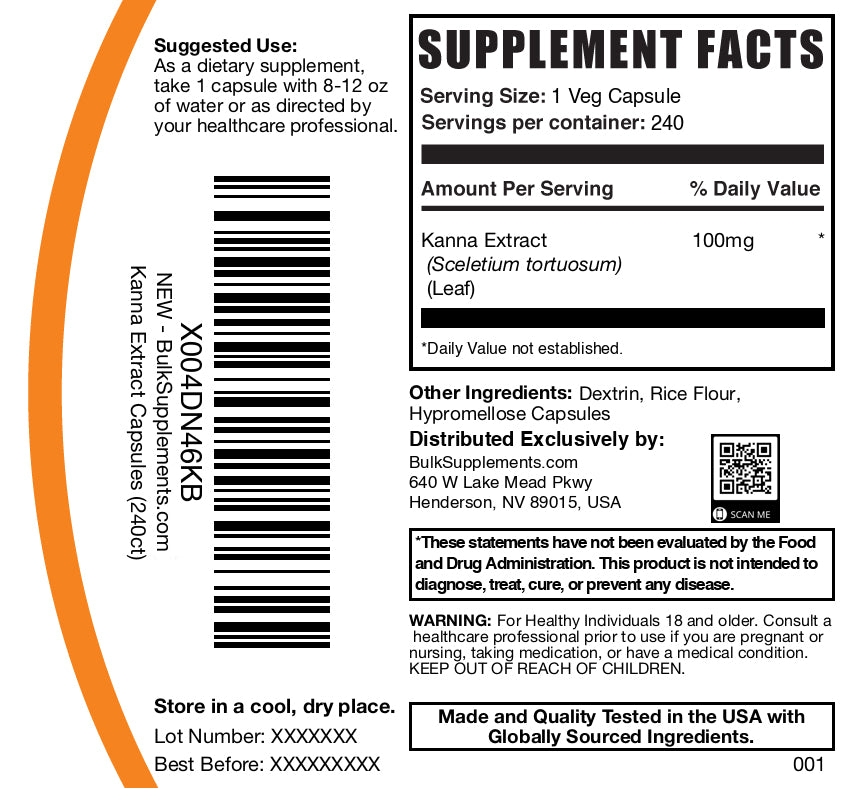 Kanna extract 240 capsules label