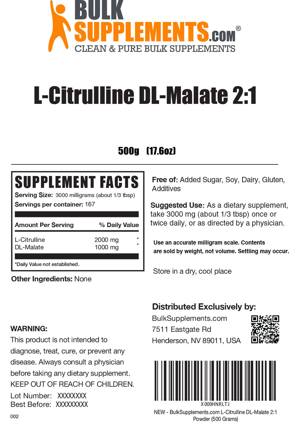 L-citrulline dl-malate 2:1 powder label 500g