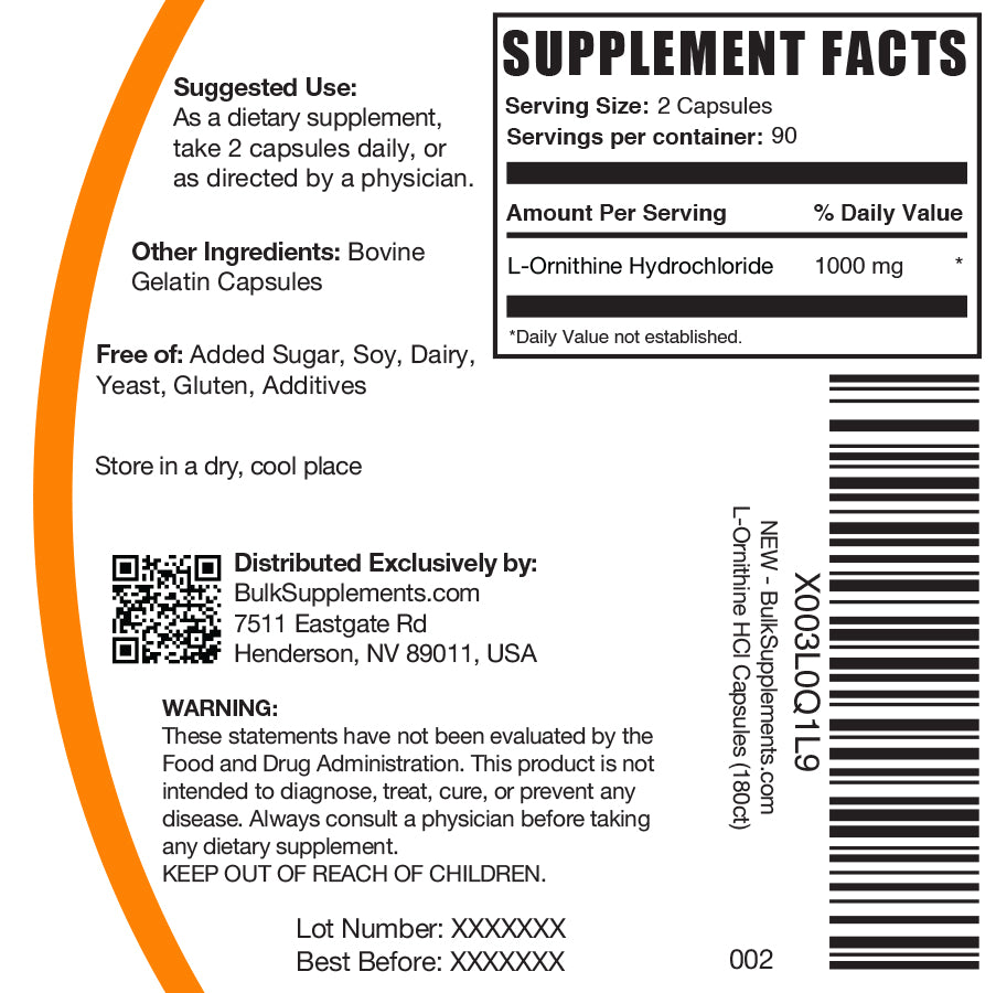 L-Ornithine Hydrochloride capsules 120 ct label