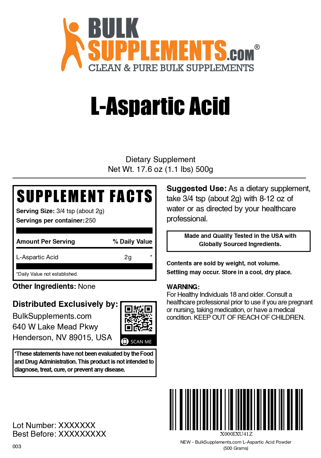 L-Aspartic Acid powder bag label 500g