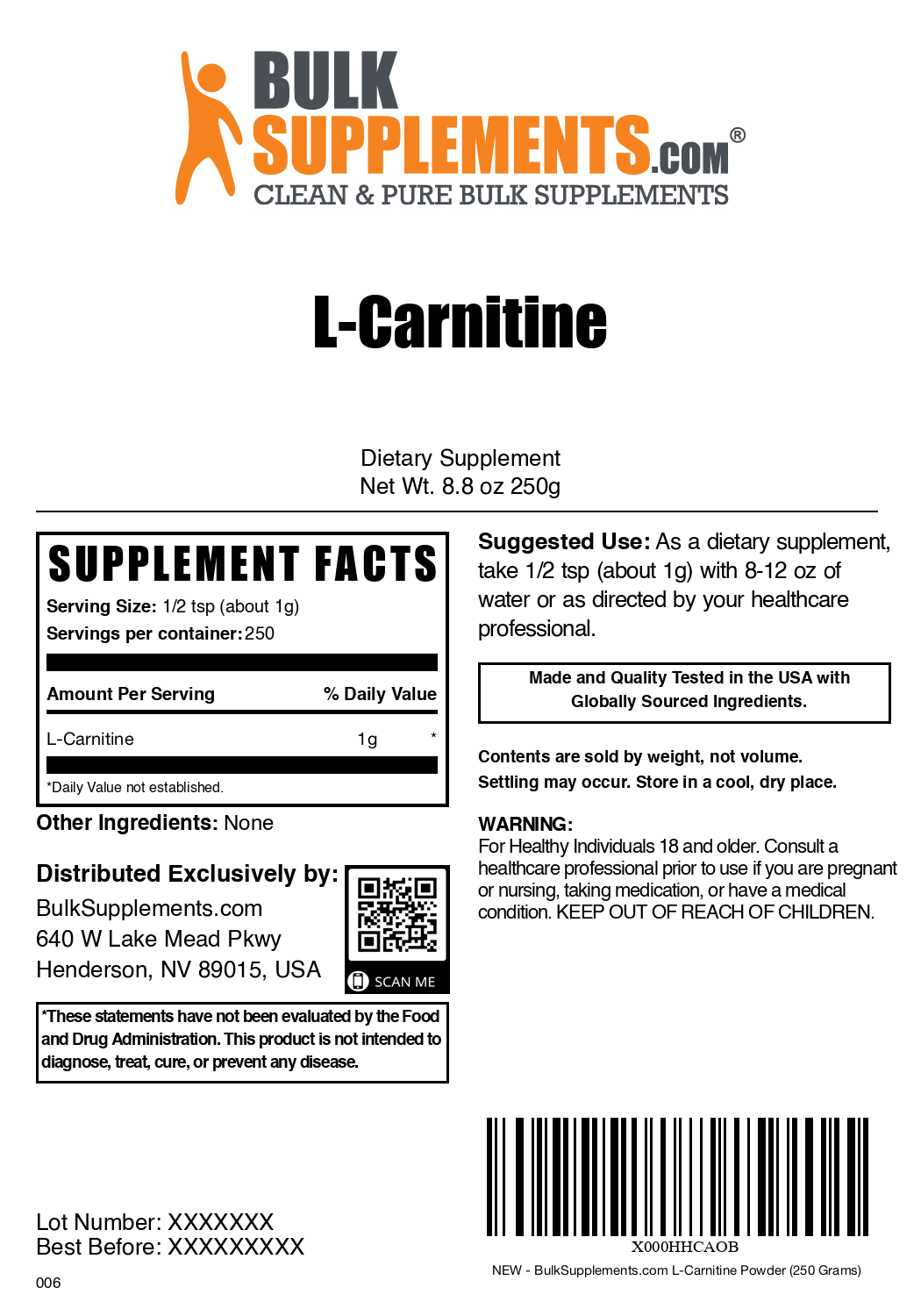 L-Carnitine powder label 250g