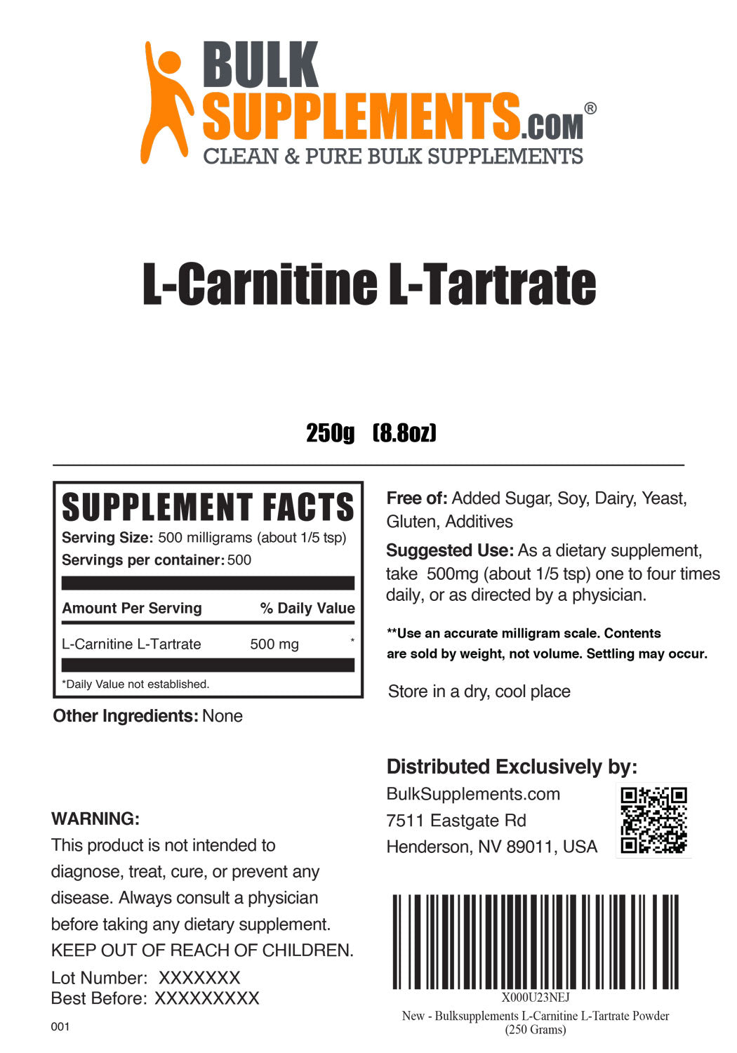 L-carnitine l-tartrate LCLT powder label 250g