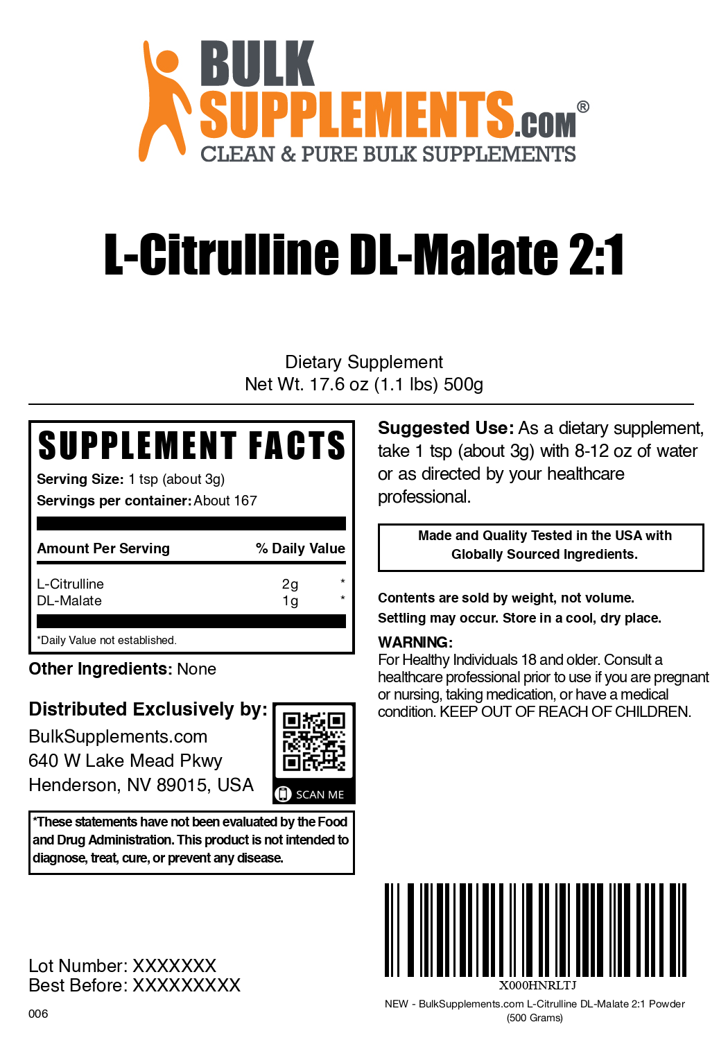 L-Citrulline DL-Malate 2:1 powder label 500g