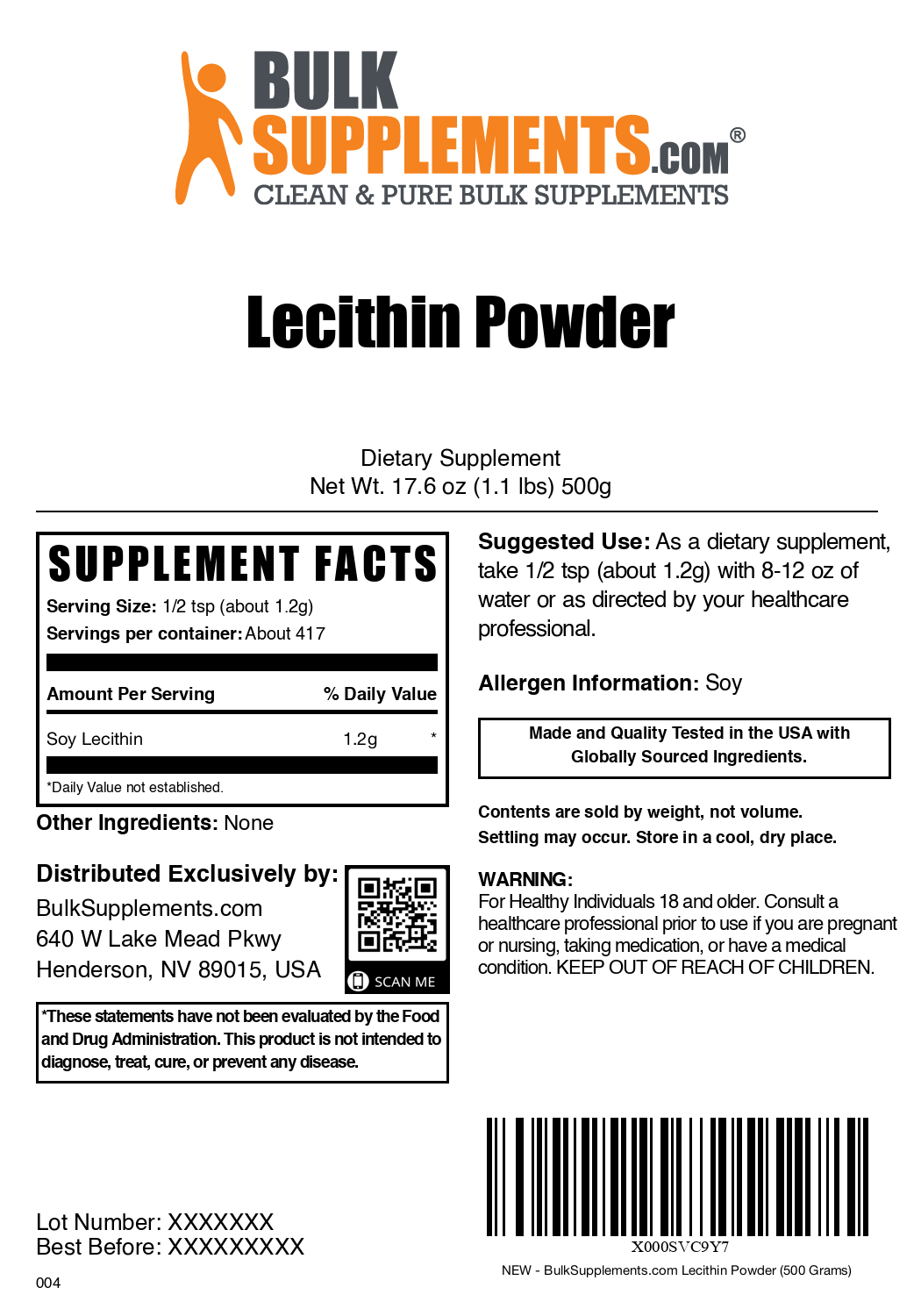 Soy lecithin powder label 500g