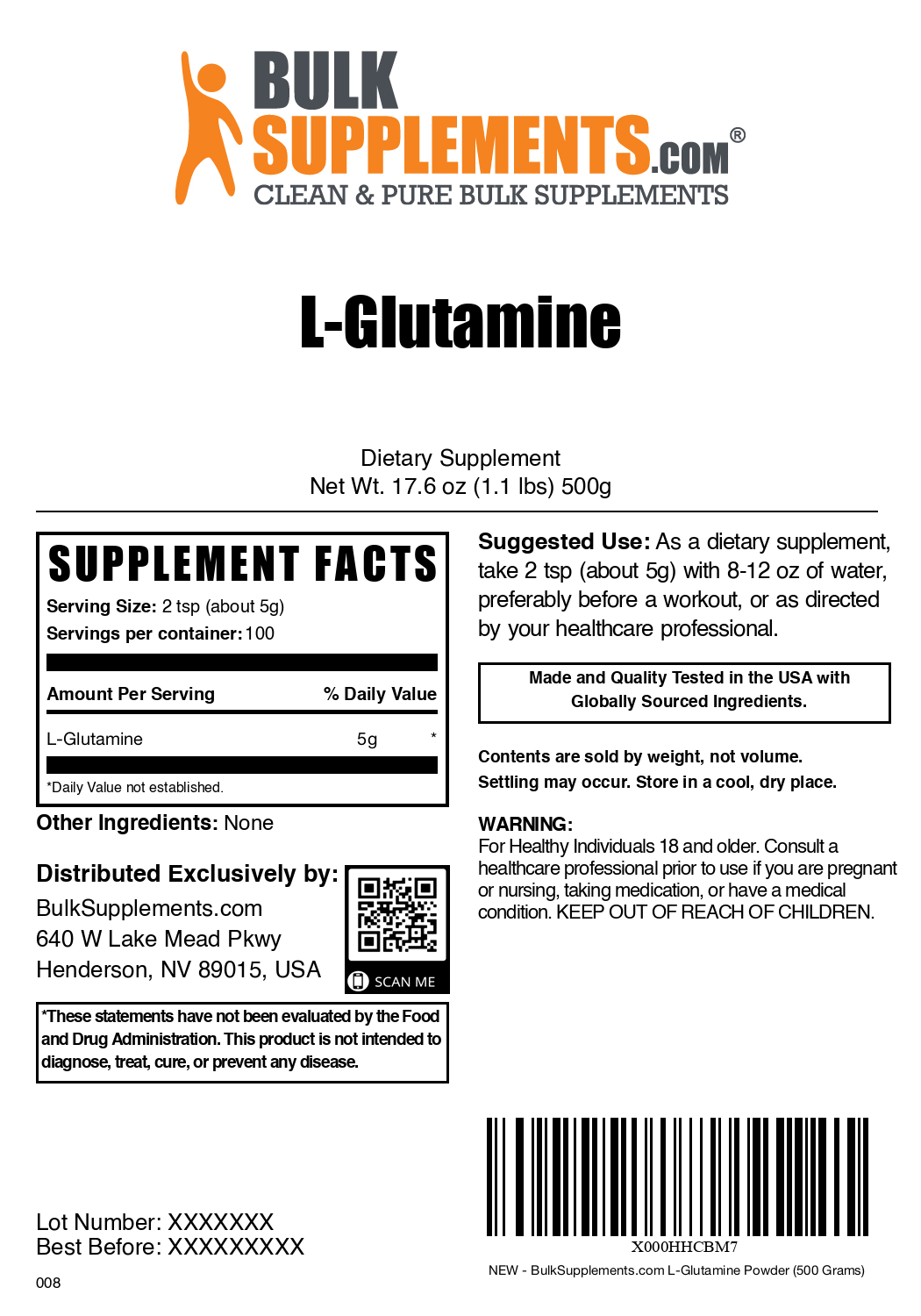 L-Glutamine powder label 500g