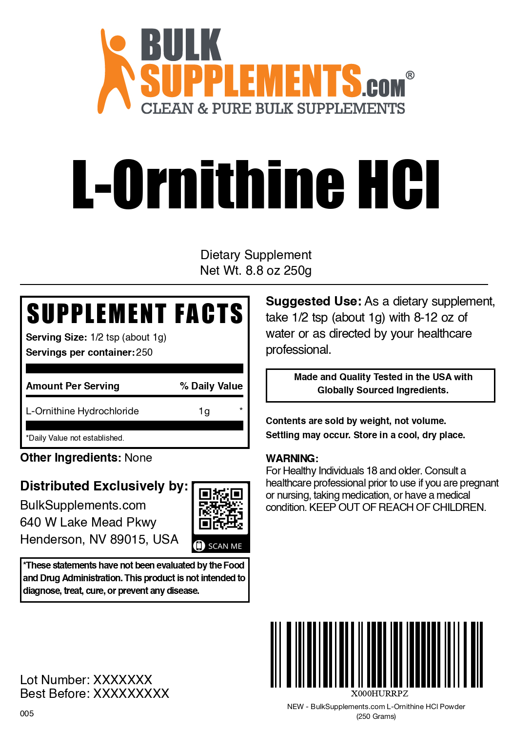 L-Ornithine HCl powder label 250g