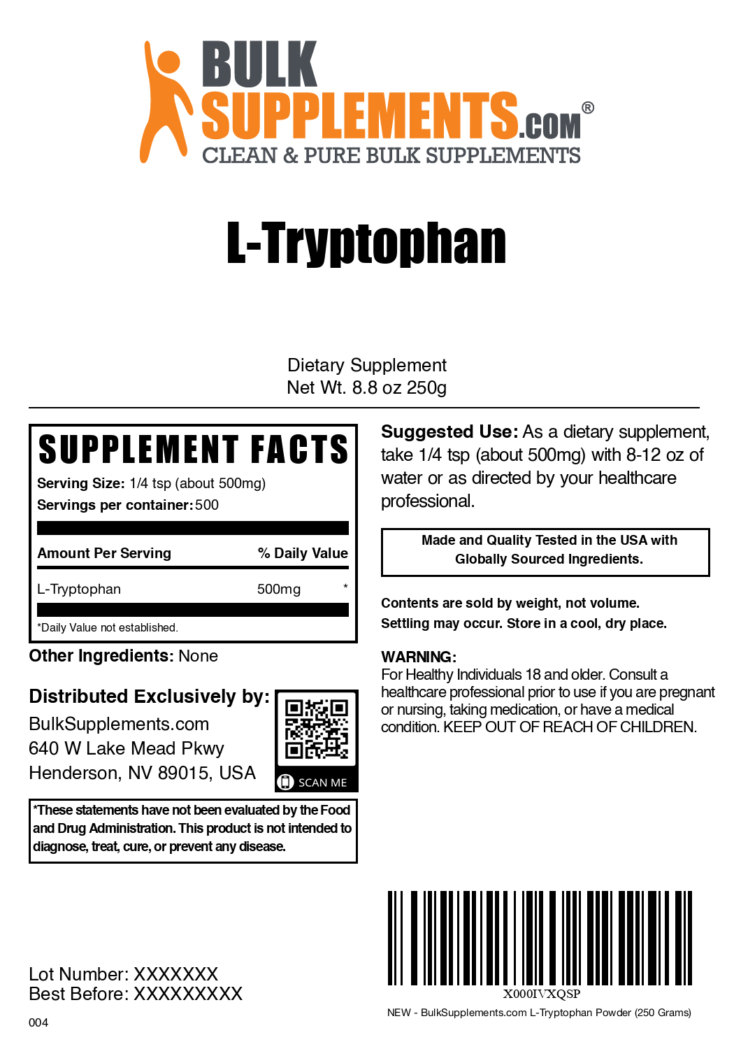 L-Tryptophan Powder 250g Bag Label