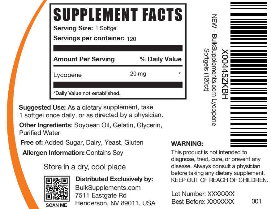 Lycopene 20mg 120 softgels label