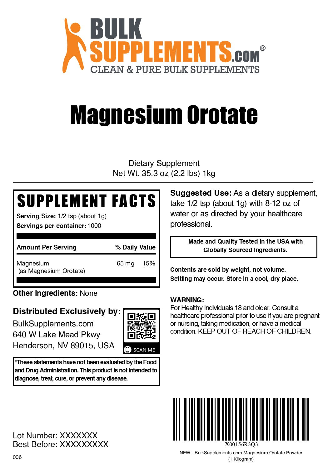 Magnesium Orotate Powder 1kg label