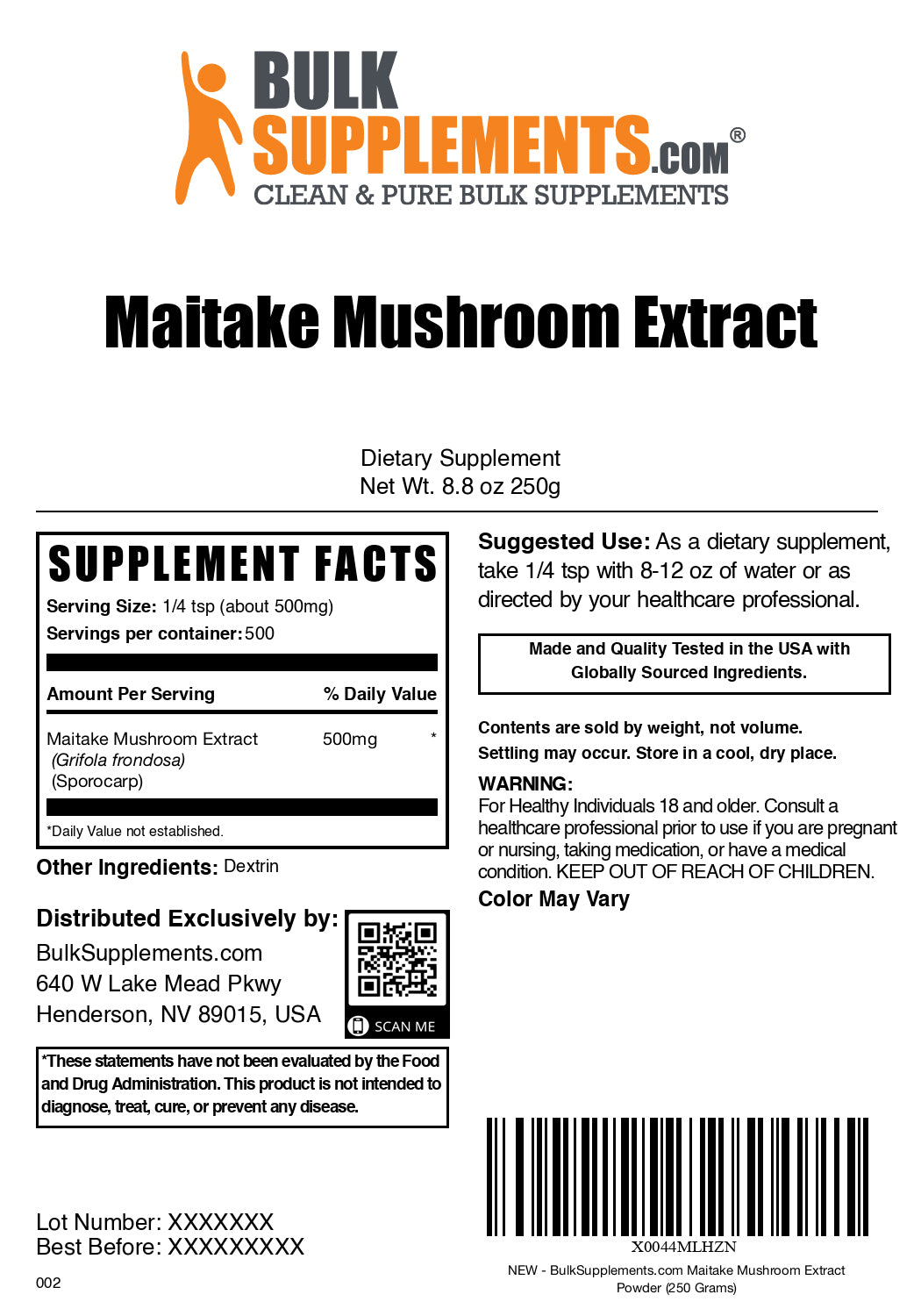 Maitake mushroom extract powder label 250g