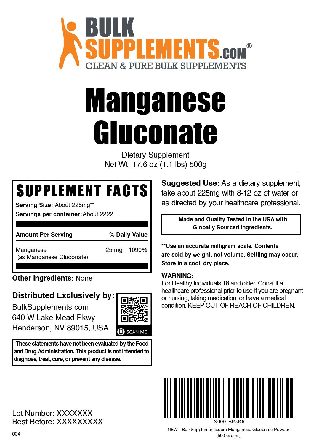 Manganese Gluconate 500g label