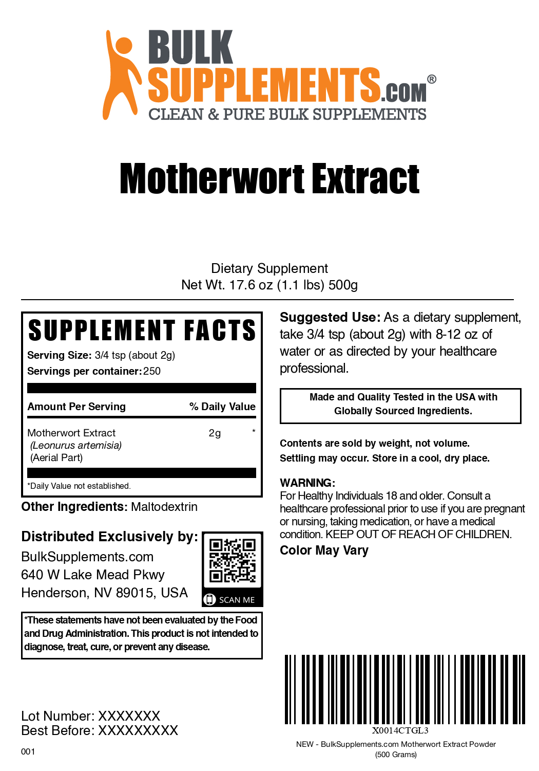 Motherwort Extract Powder 500g Plain Label