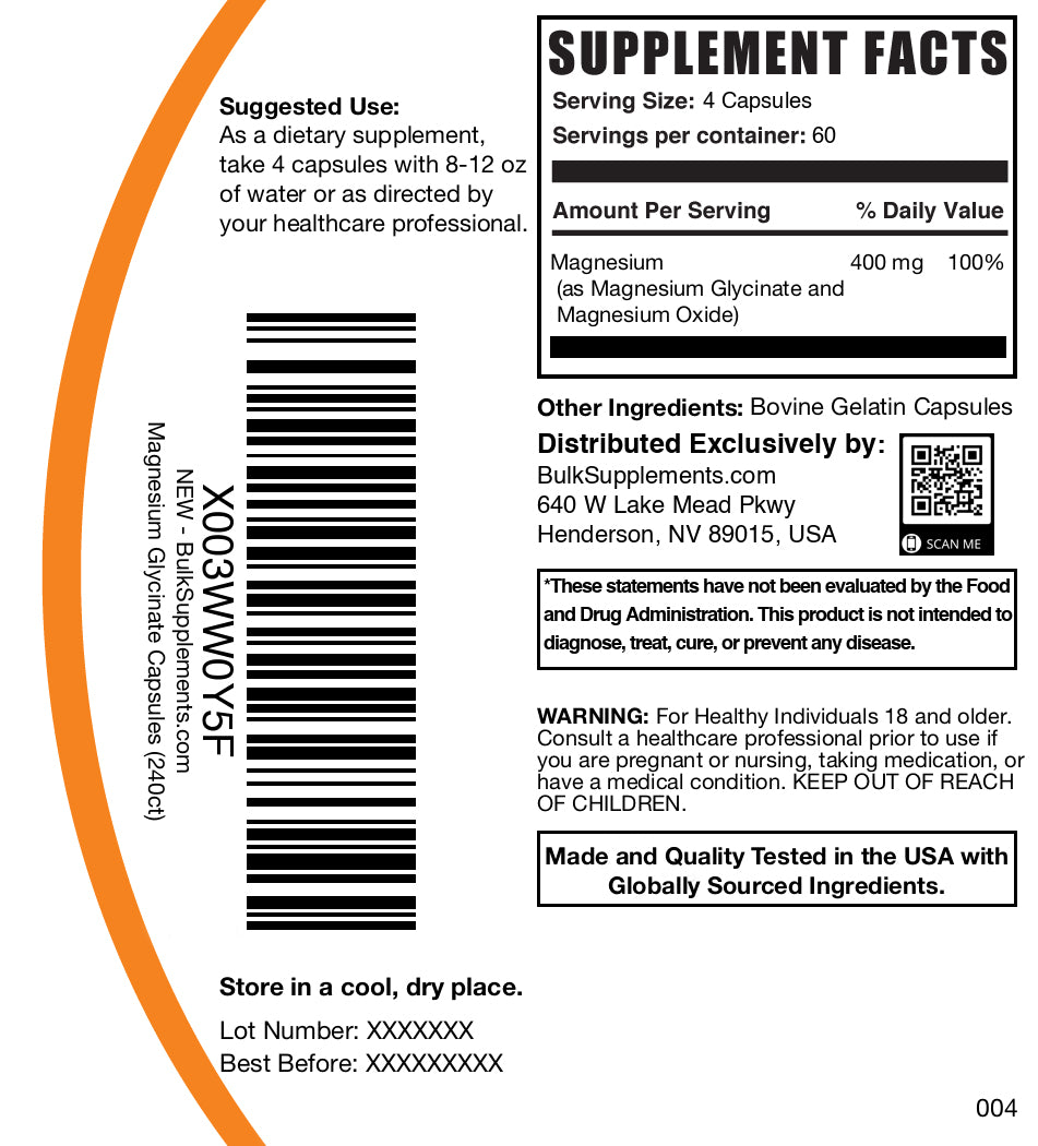 Magnesium Glycinate 400mg 240 capsules label