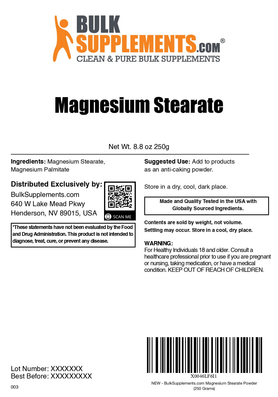 Magnesium Stearate powder label 250g