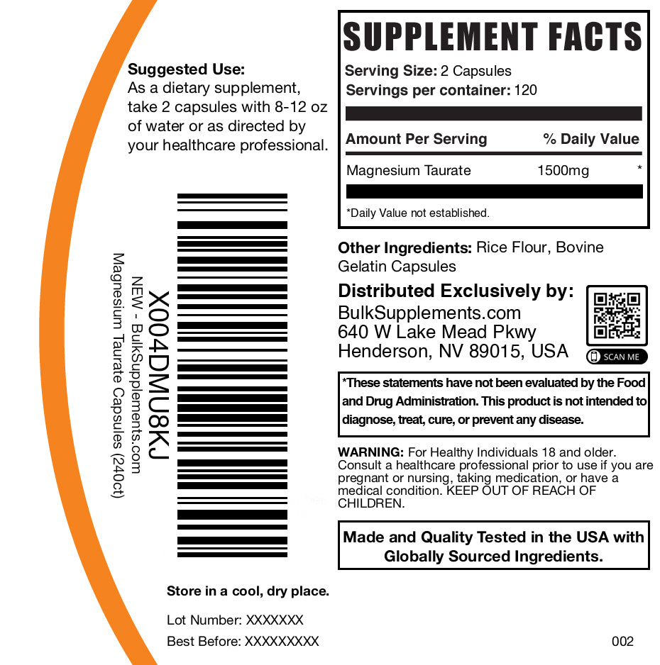 Magnesium taurate 240 capsules label