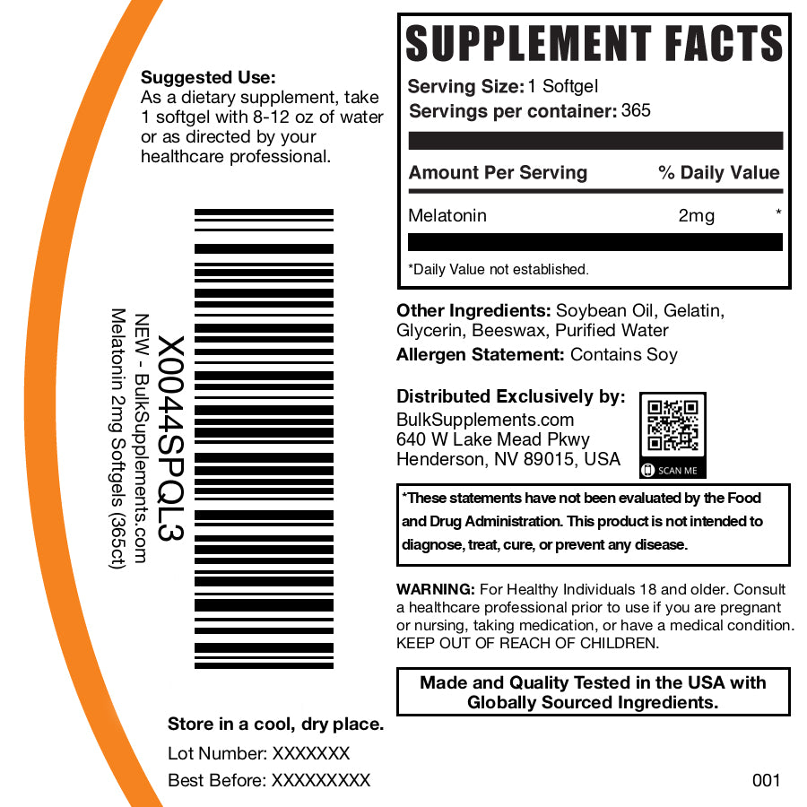 Melatonin 2mg 365 softgels label