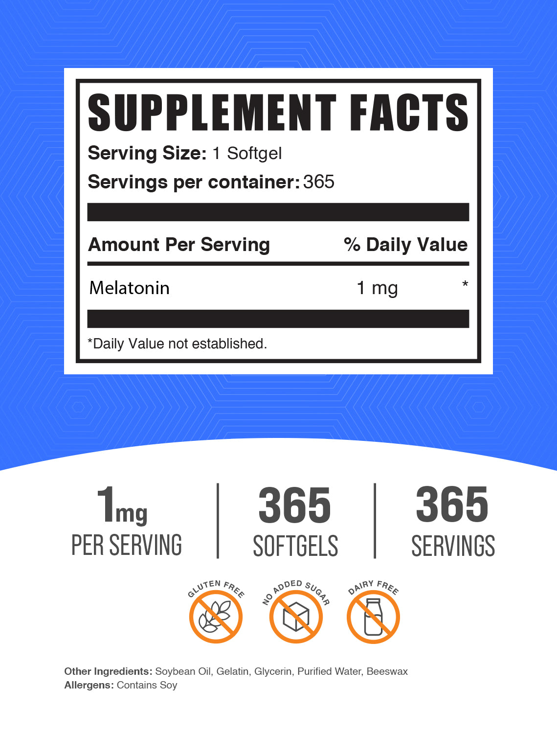 Melatonin Softgels 1mg 365 ct label