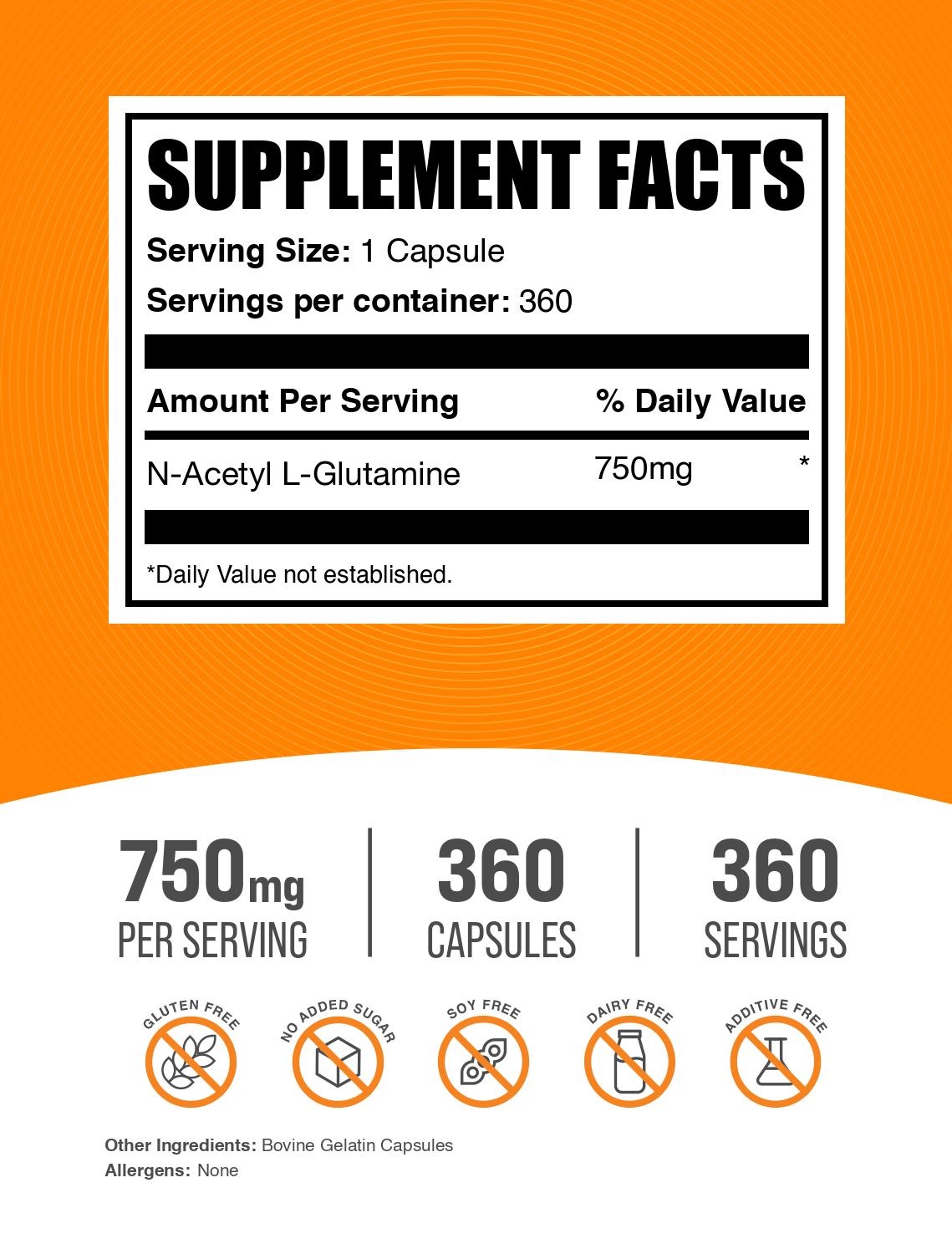 N-Acetyl L-Glutamine 360 capsules label