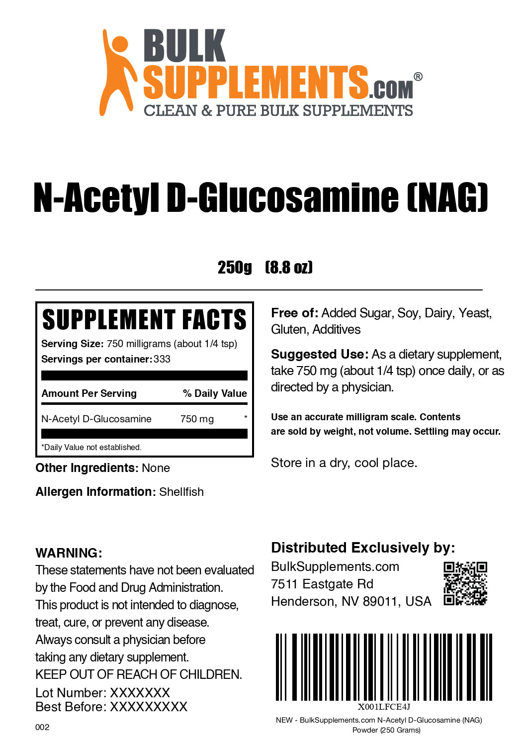 N-Acetyl D-Glucosamine (NAG) powder label 250g