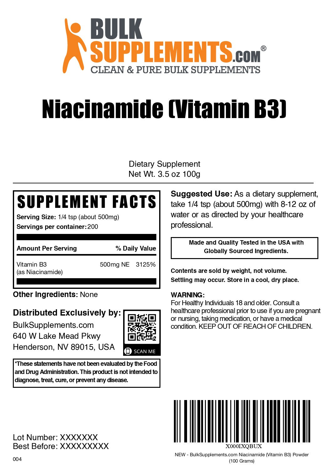 Niacinamide (Vitamin B3) 100g label