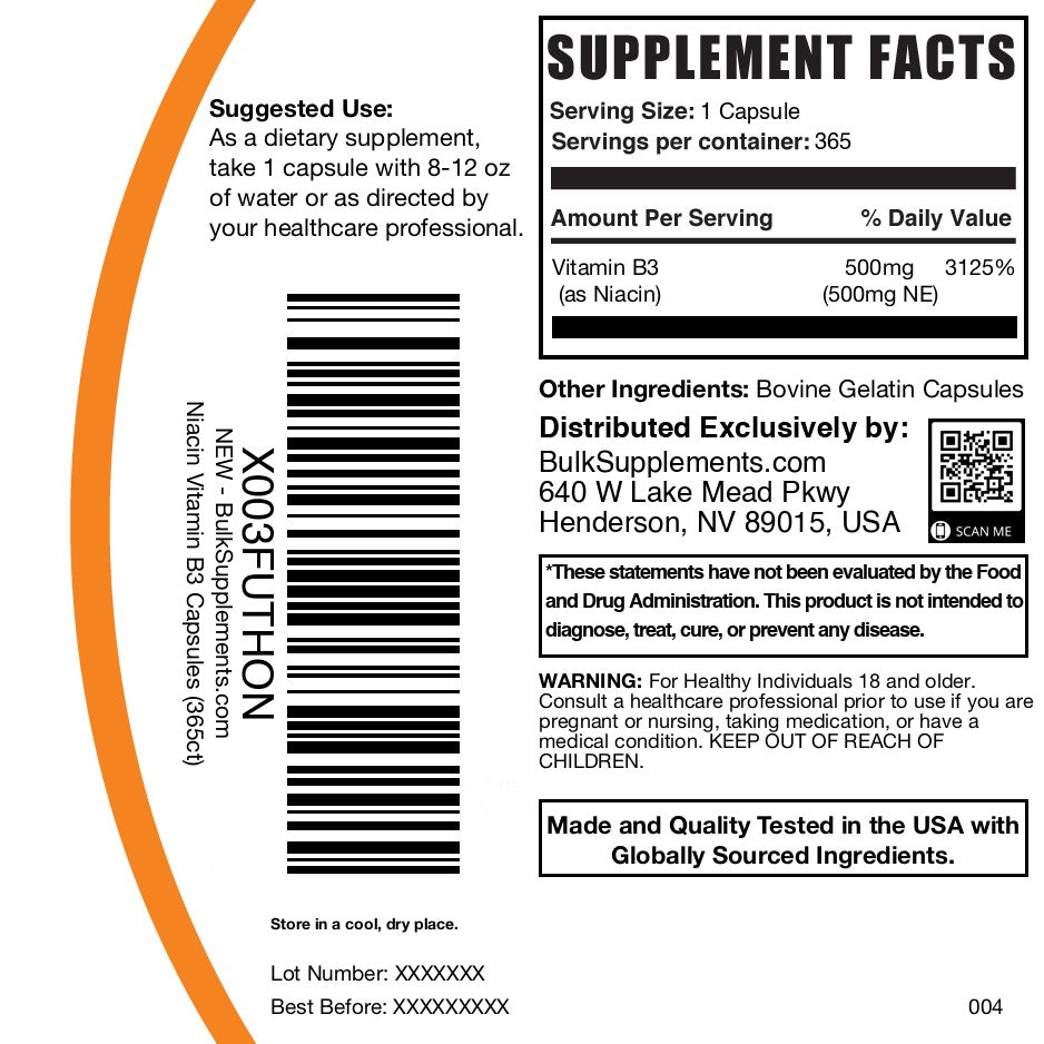 Niacin (Vitamin B3) 365 capsules label