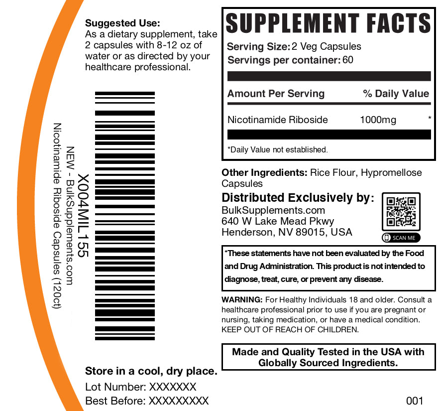 Nicotinamide riboside 120 capsules label