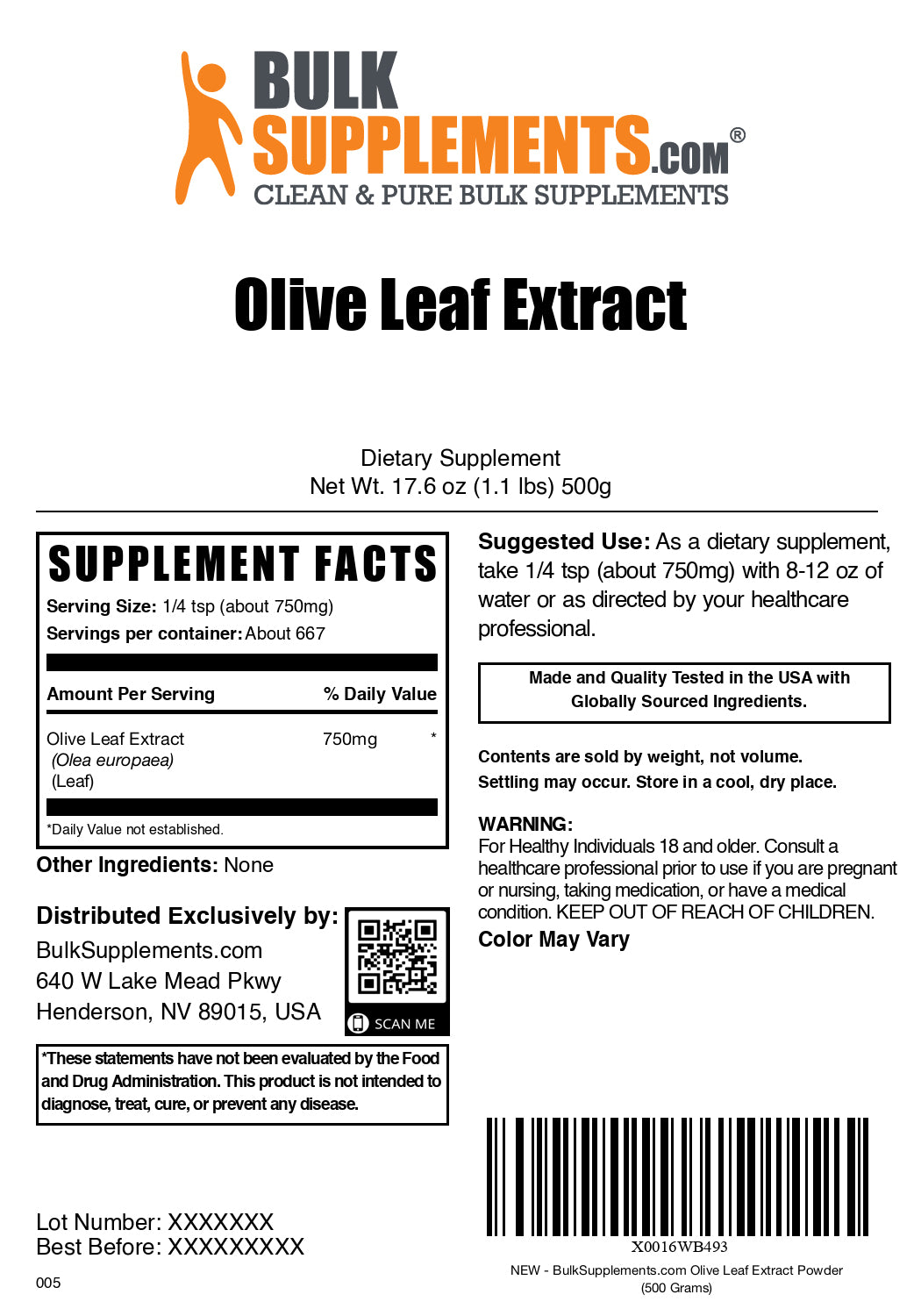 Olive leaf extract powder label 500g