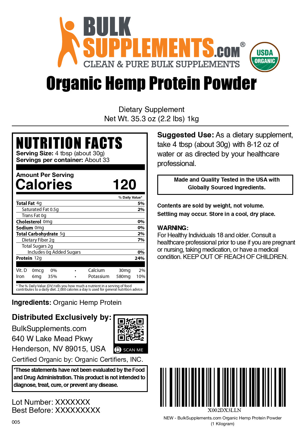Organic hemp seed protein powder label 1kg