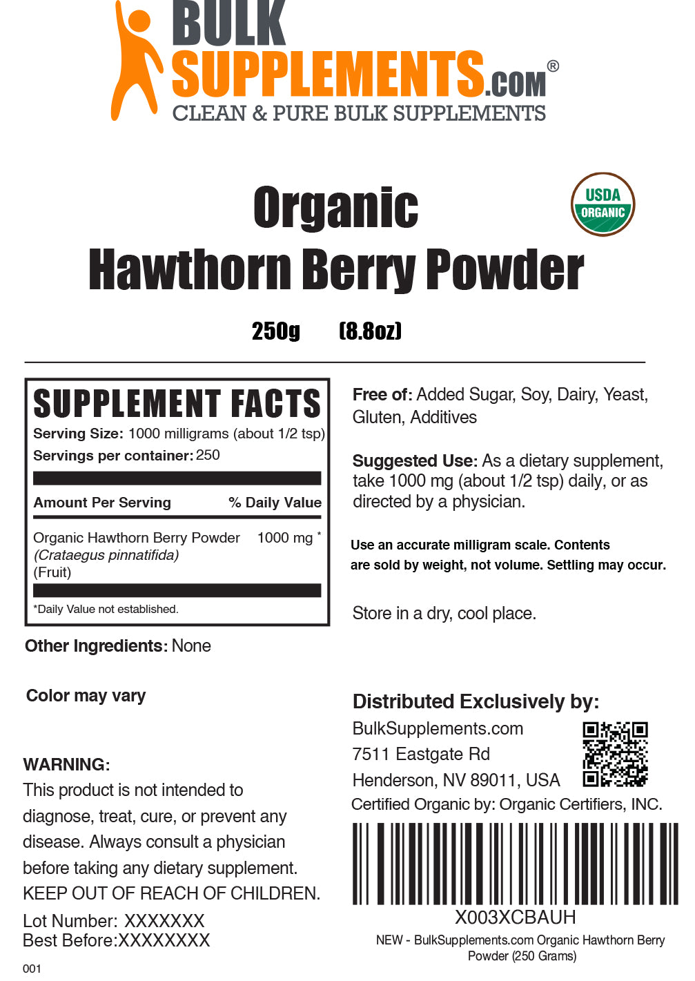 Organic hawthorn berry powder label 250g