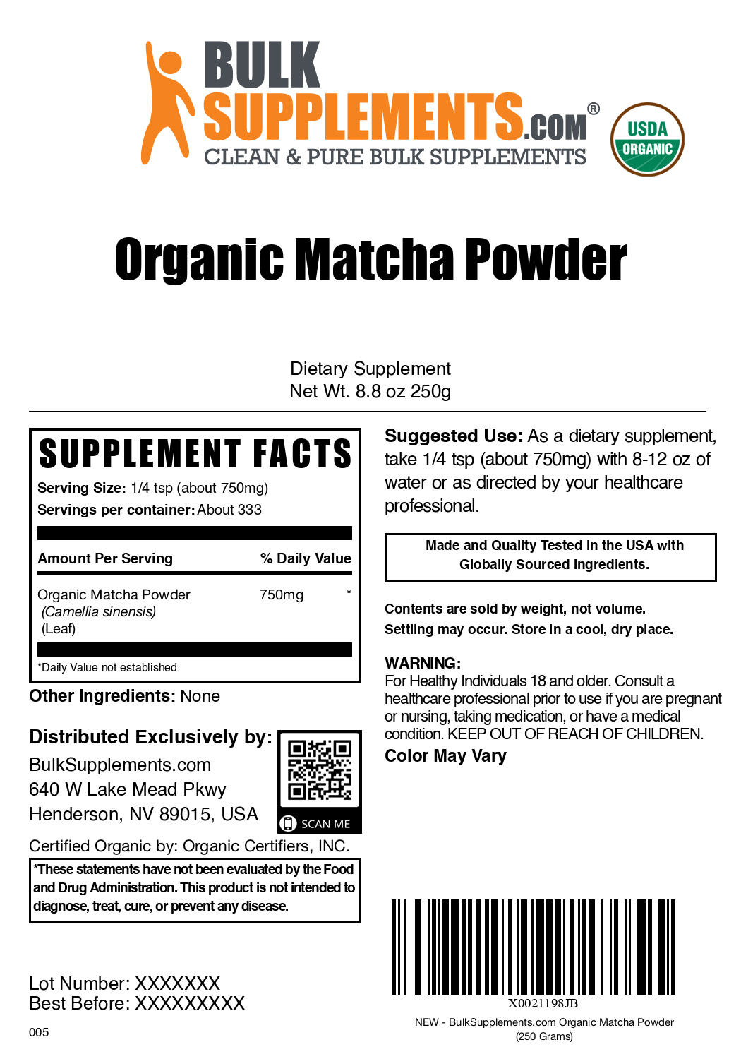 Organic matcha powder label 250g