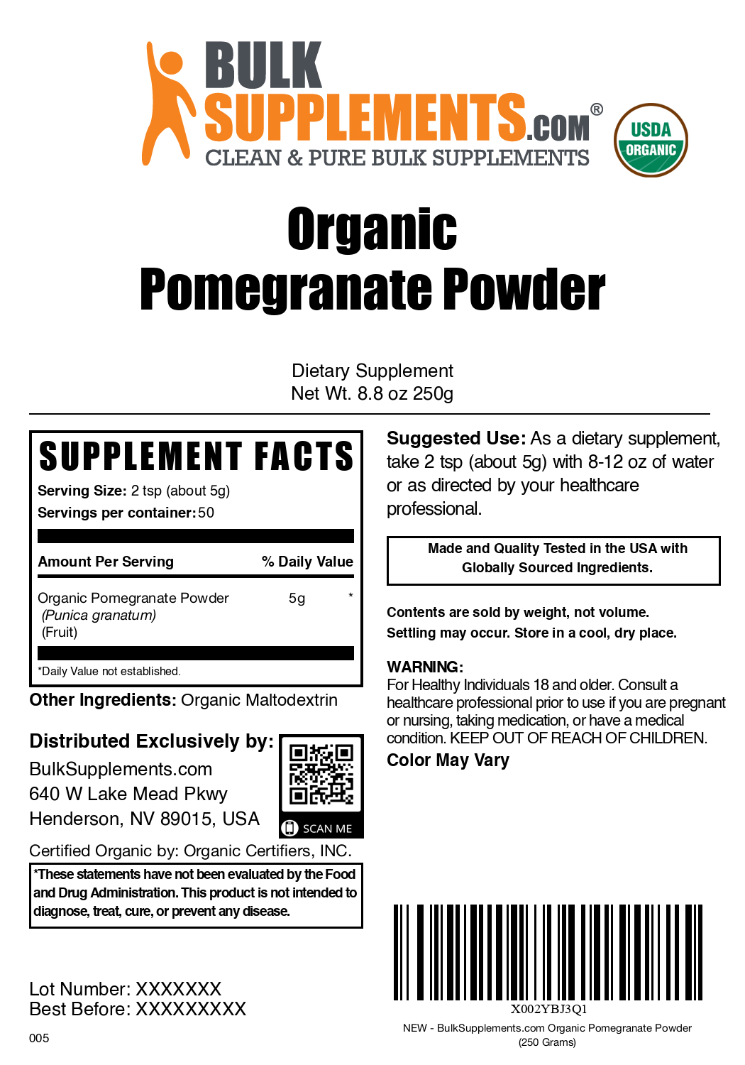 Organic pomegranate powder label 250g