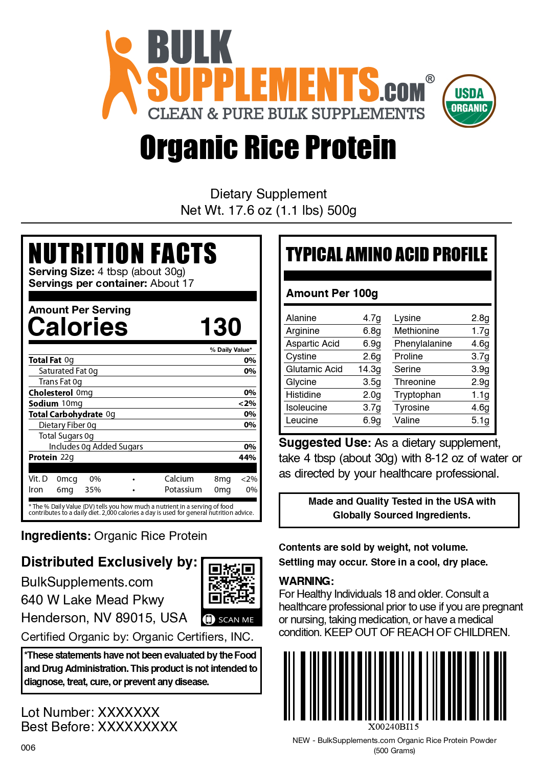 Organic Rice Protein Powder 500g Actual Label