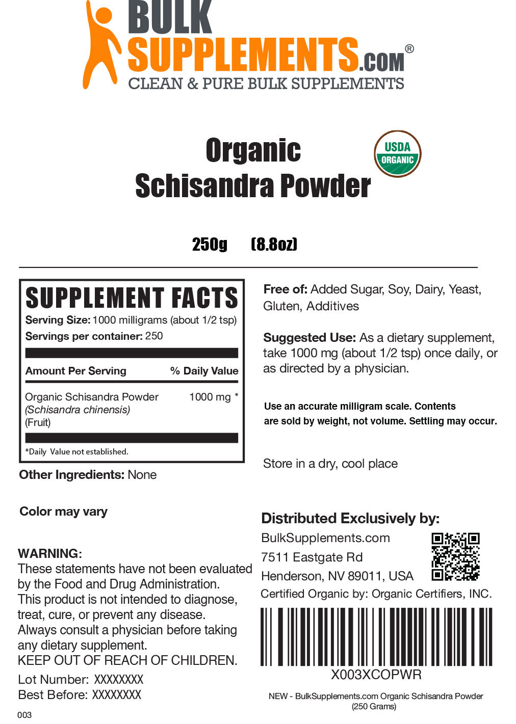 Organic Schisandra powder label 250g