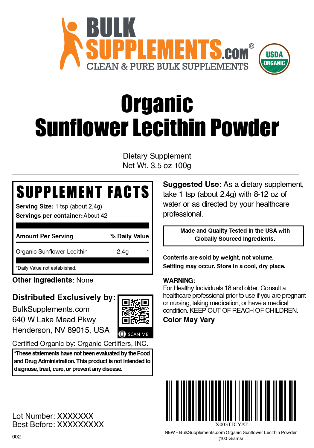 Organic sunflower lecithin powder label 100g