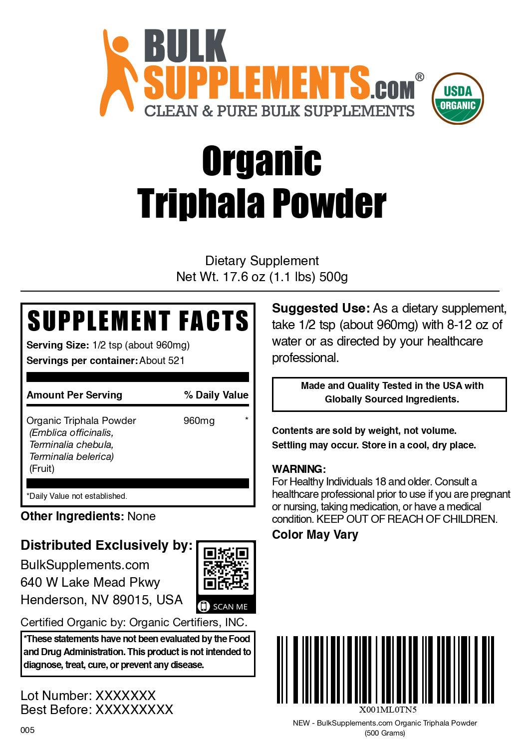 Organic triphala powder label 500g