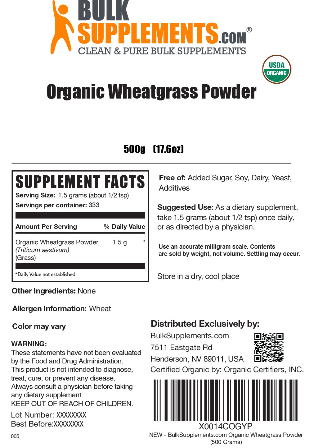 Organic wheatgrass powder label 500g