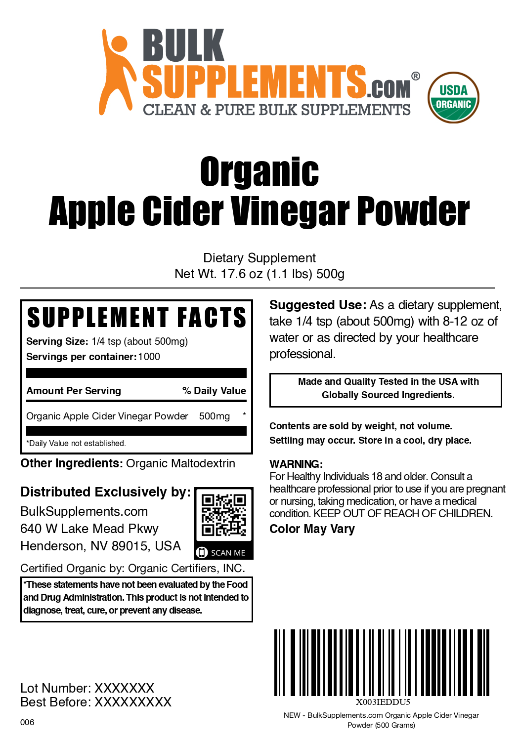 Organic apple cider vinegar powder label 500g