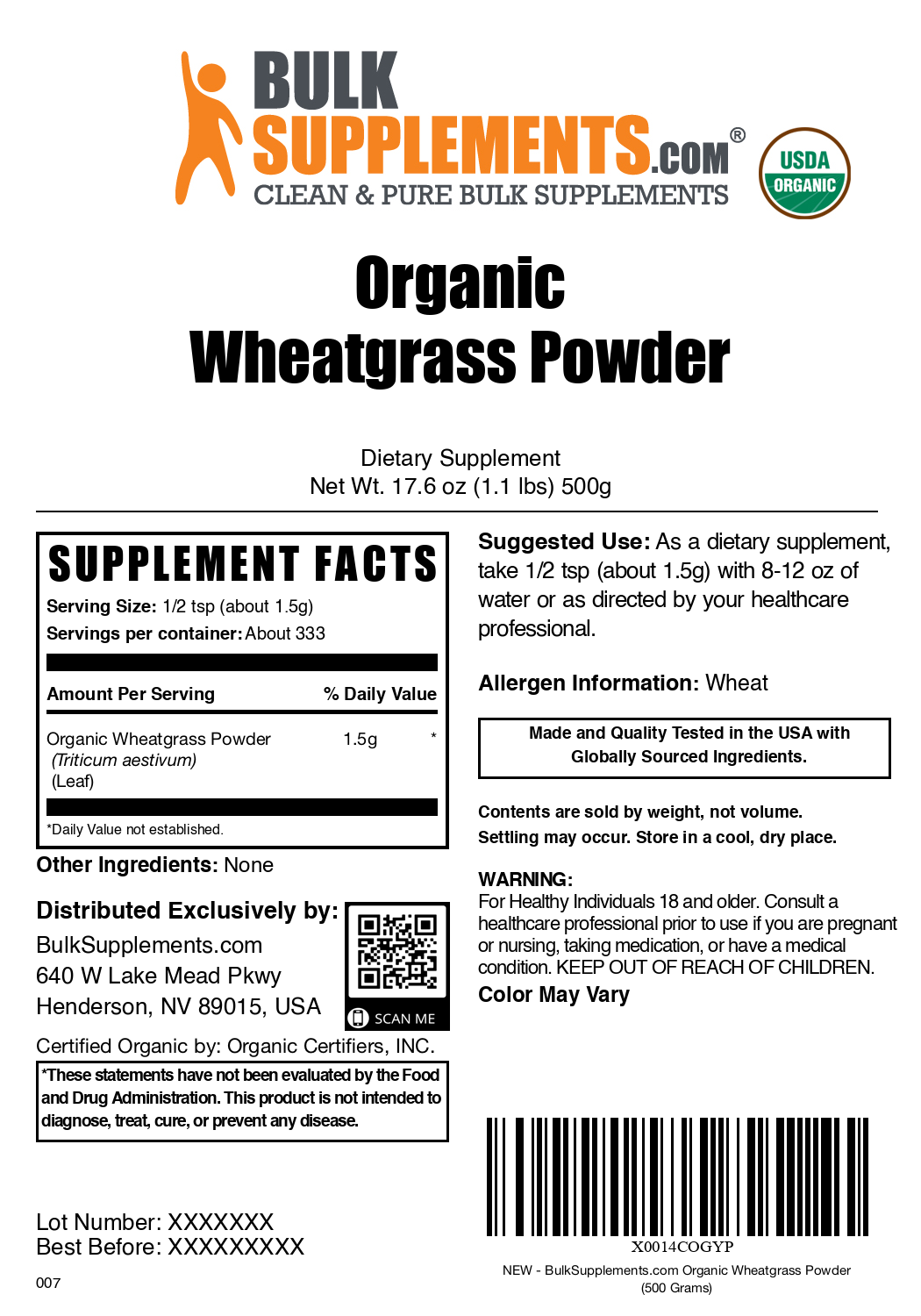 Organic wheatgrass powder label 500g