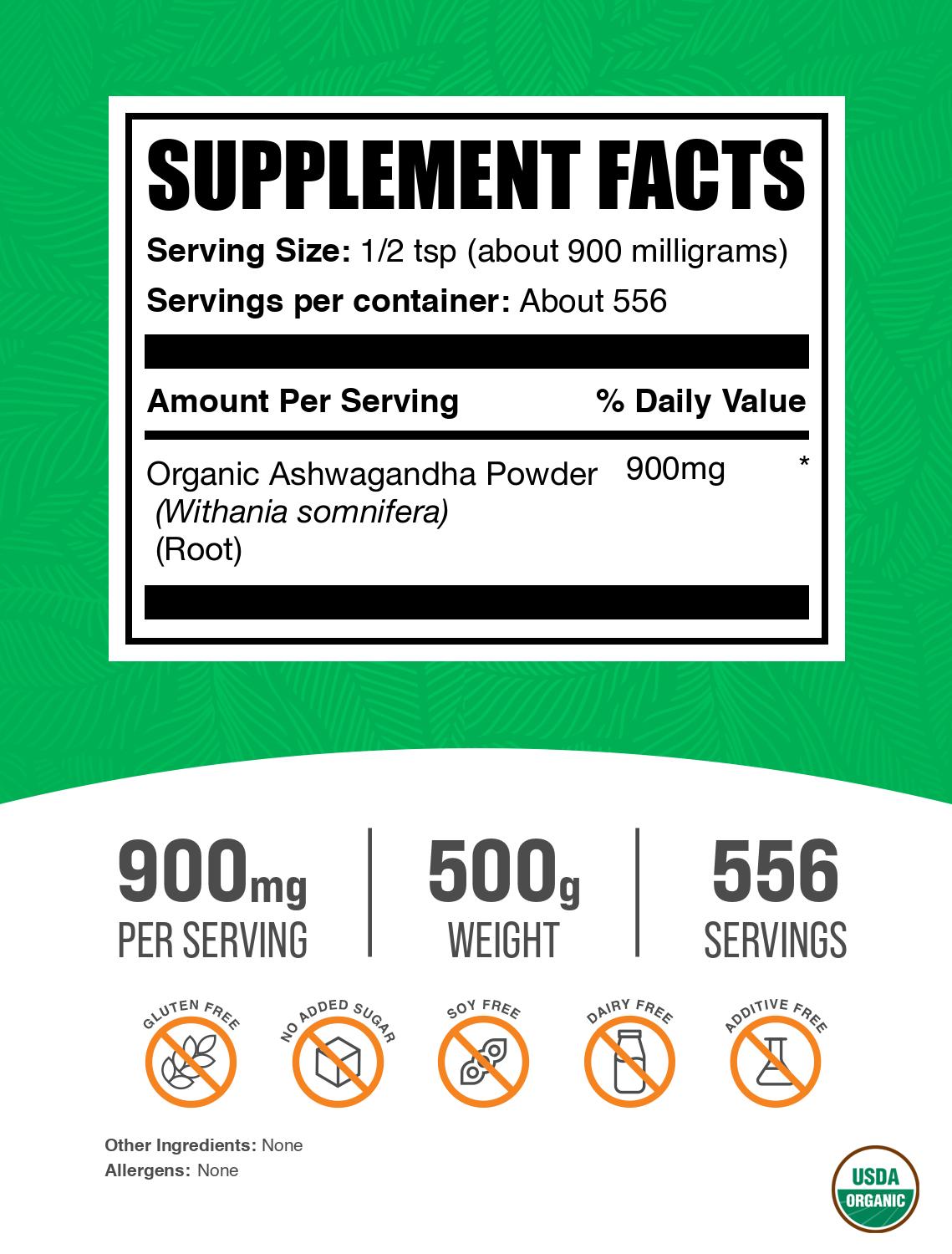 Organic ashwagandha root powder label 500g