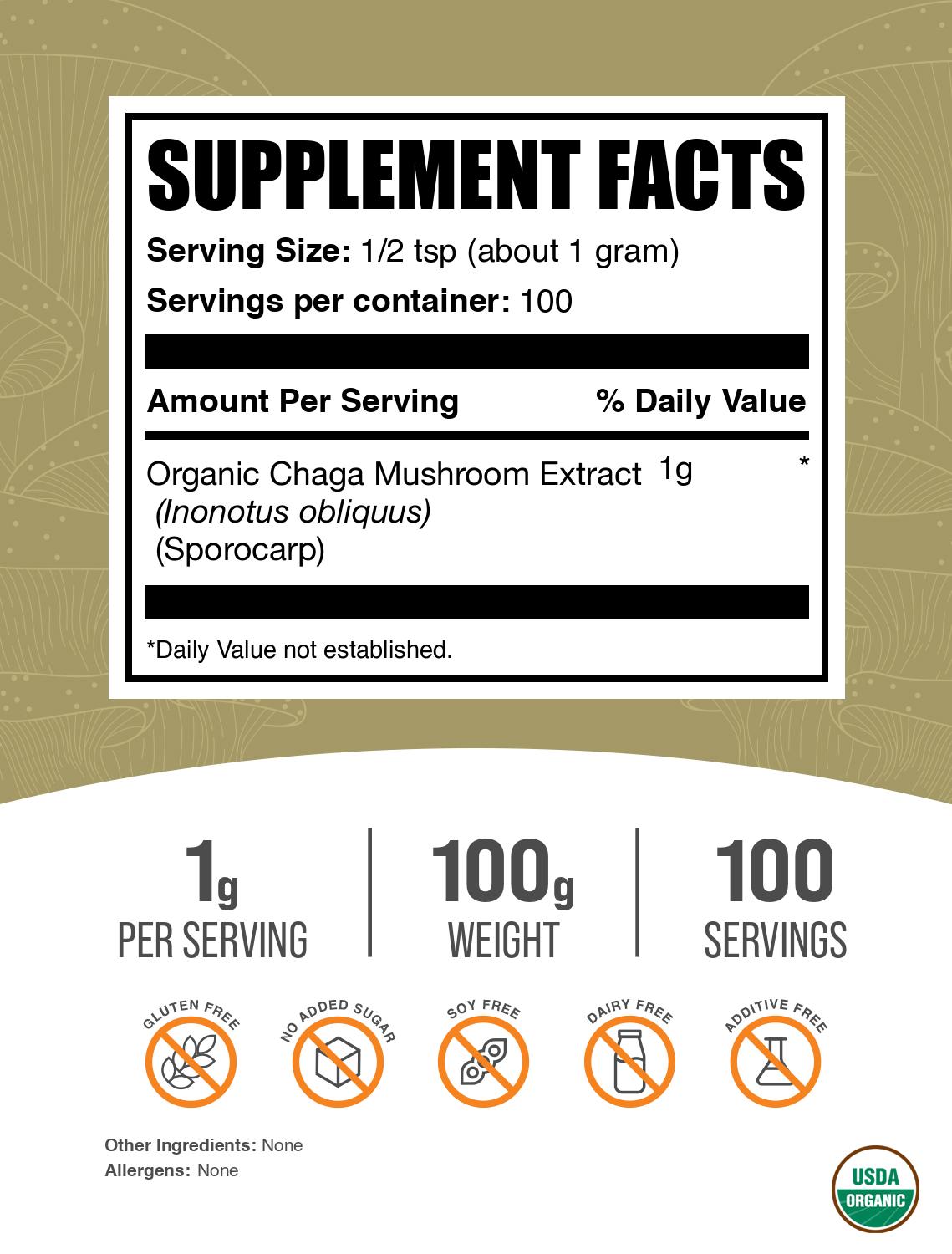 Organic chaga mushroom extract powder label 100g